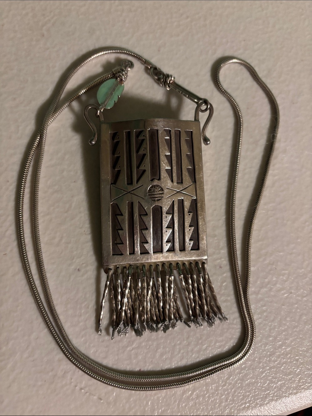 Native American Sterling Silver Tribal Pendant Necklace with Aqua Accent